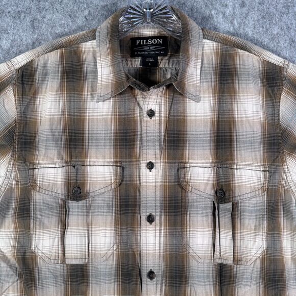 Filson Shirt Mens Size Small Brown Plaid Short Sleeve Double Pocket Outdoor - Picture 1 of 11